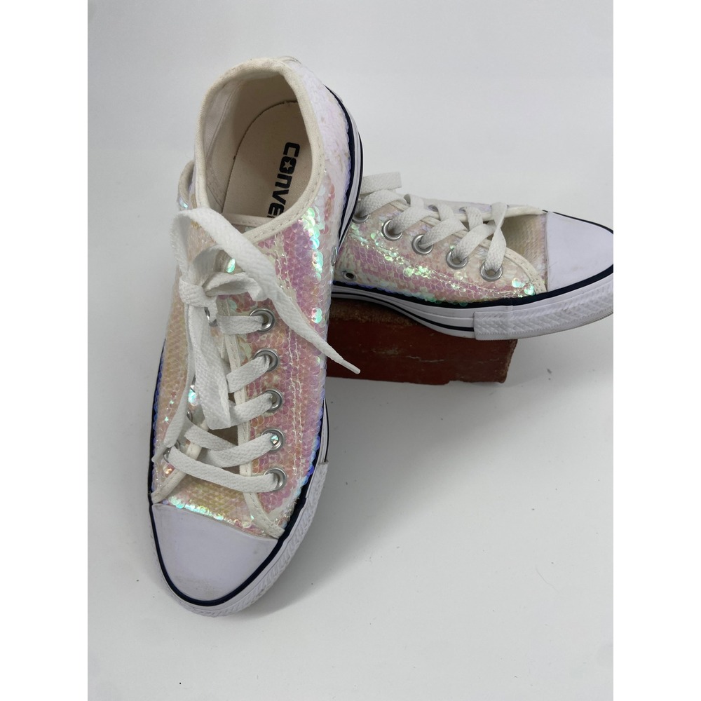 Converse All‎ Star Low Top Iridescent White Pink Sequin Sneakers Size 7 Awesome